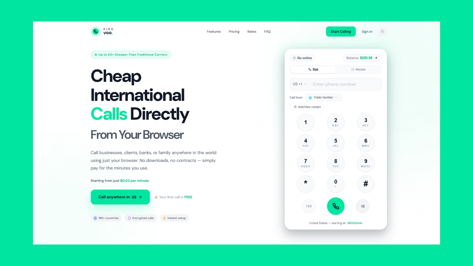 Ringvoo browser calling — dial international numbers from Chrome or Safari